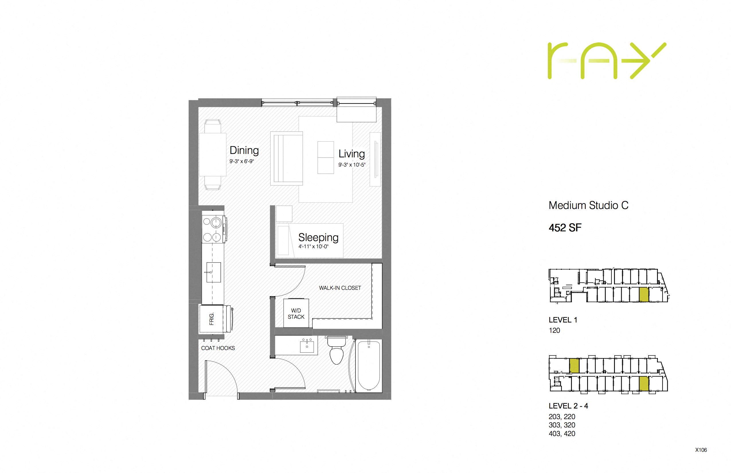 Floor plan for studio, 1 bath, 452 sqft